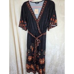 BloomChic Black Floral Parrot Border Print Wrap Maxi Dress Plus Size 18-20 NWT